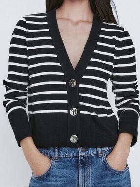 Massimo Dutti Navy and White Striped V-Neck Button Cardigan